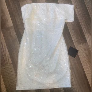 White Beaded Sequin One-Shoulder Mini Dress